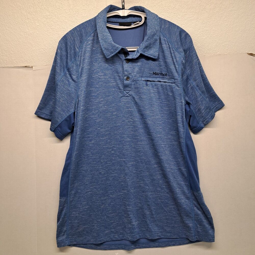 Marmot Polo Shirt Mens L Blue Short Sleeve Zipper Pocket